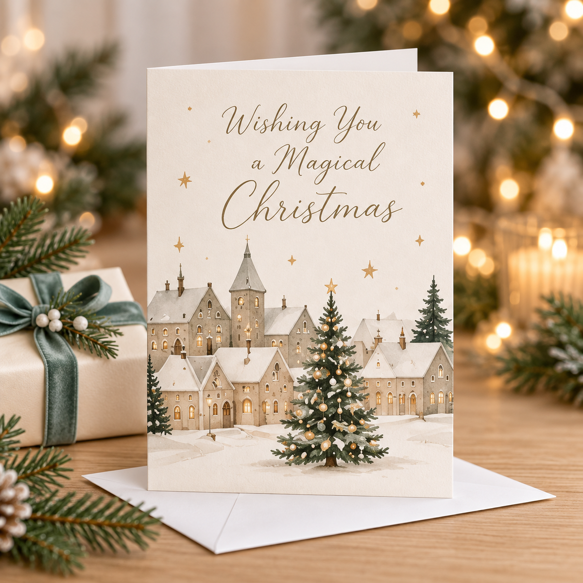 Magical Christmas Card – Festive Village beside a wrapped gift and white envelope