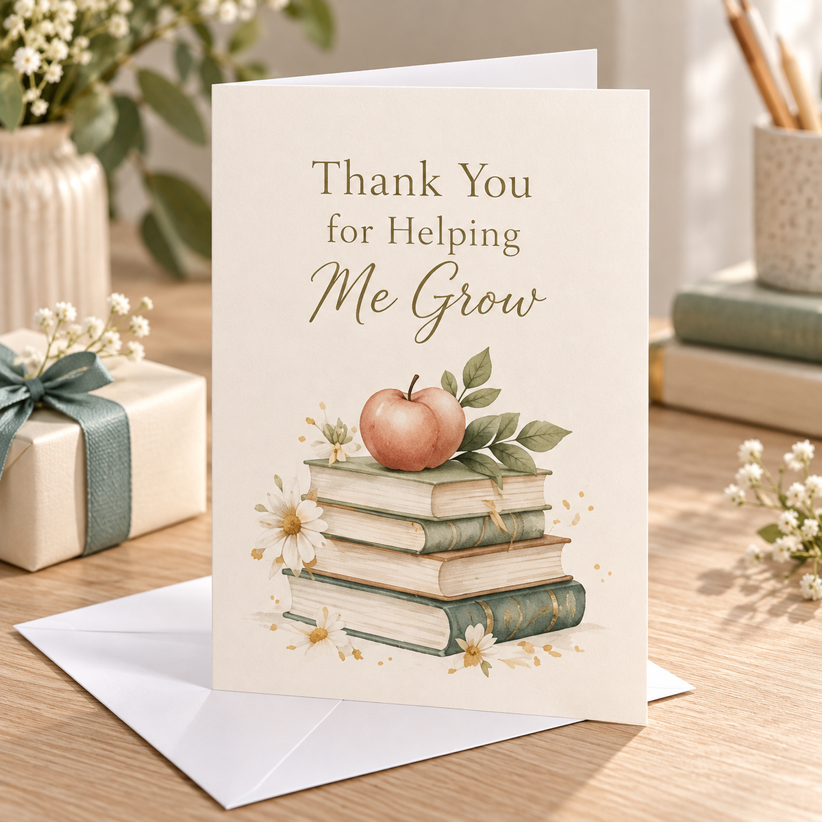 Teacher Thank You Card – Helping Me Grow beside a wrapped gift and white envelope