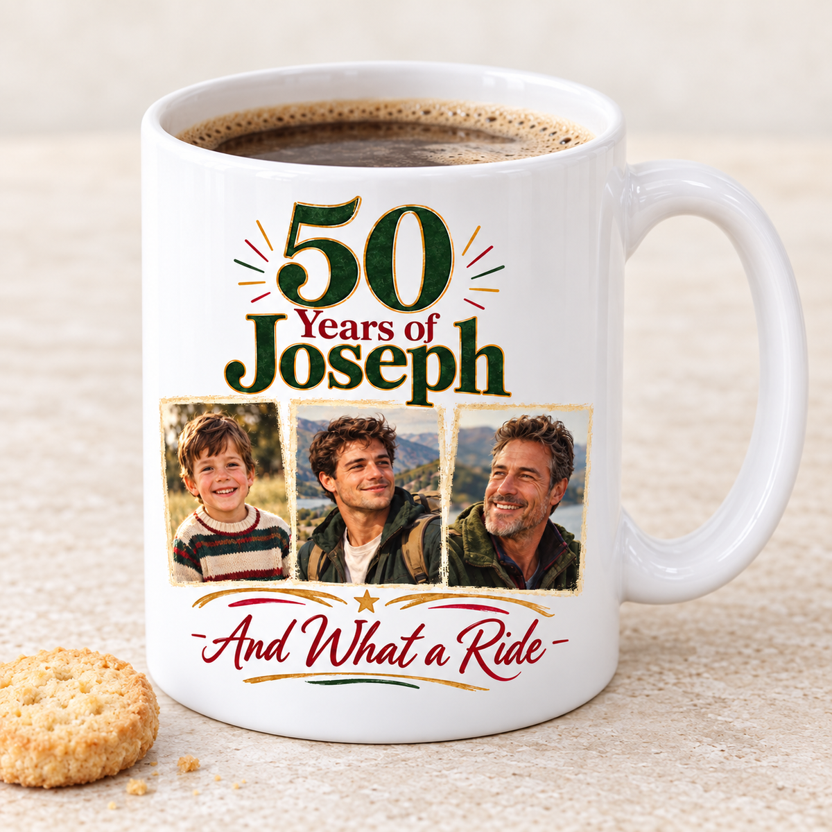 Personalised Photo Through the Years Mug, angled view with coffee