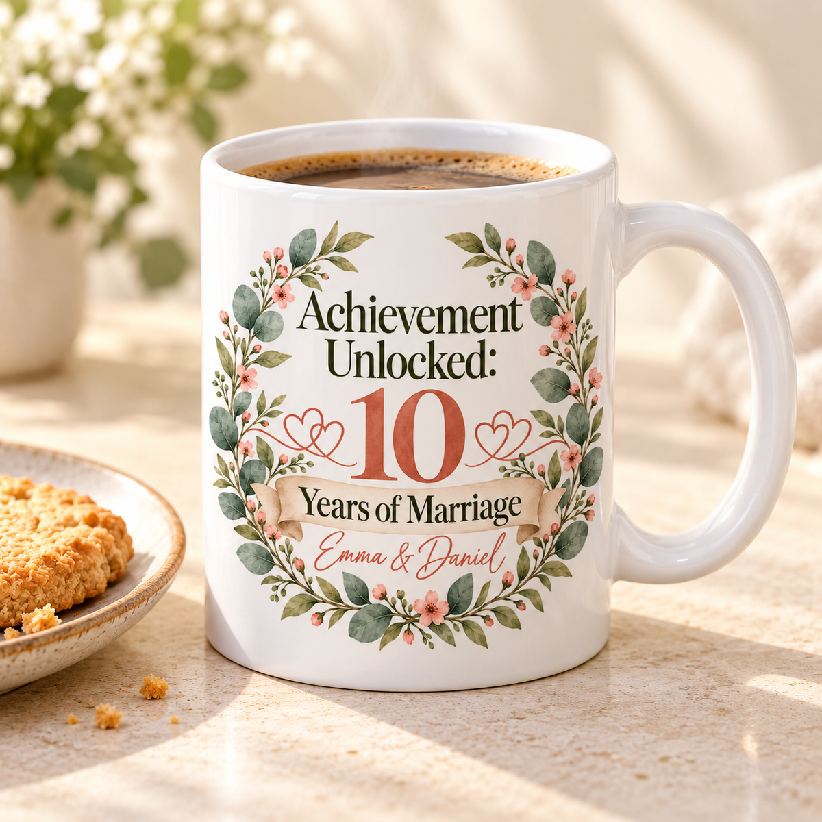Personalised Marriage Achievement Mug, angled view with coffee