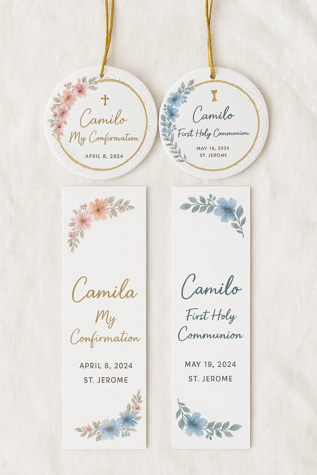 Personalized confirmation and communion ornaments and bookmarks with floral designs