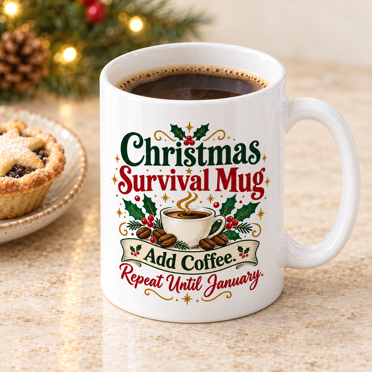 Christmas Survival Mug white 11oz ceramic mug, elevated three-quarter view
