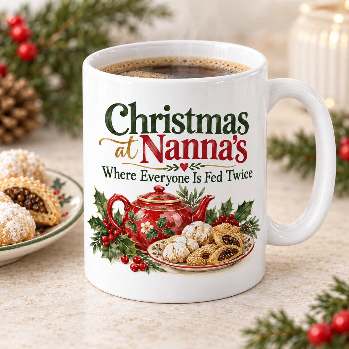 Christmas at Nanna's white 11oz ceramic mug, elevated three-quarter view