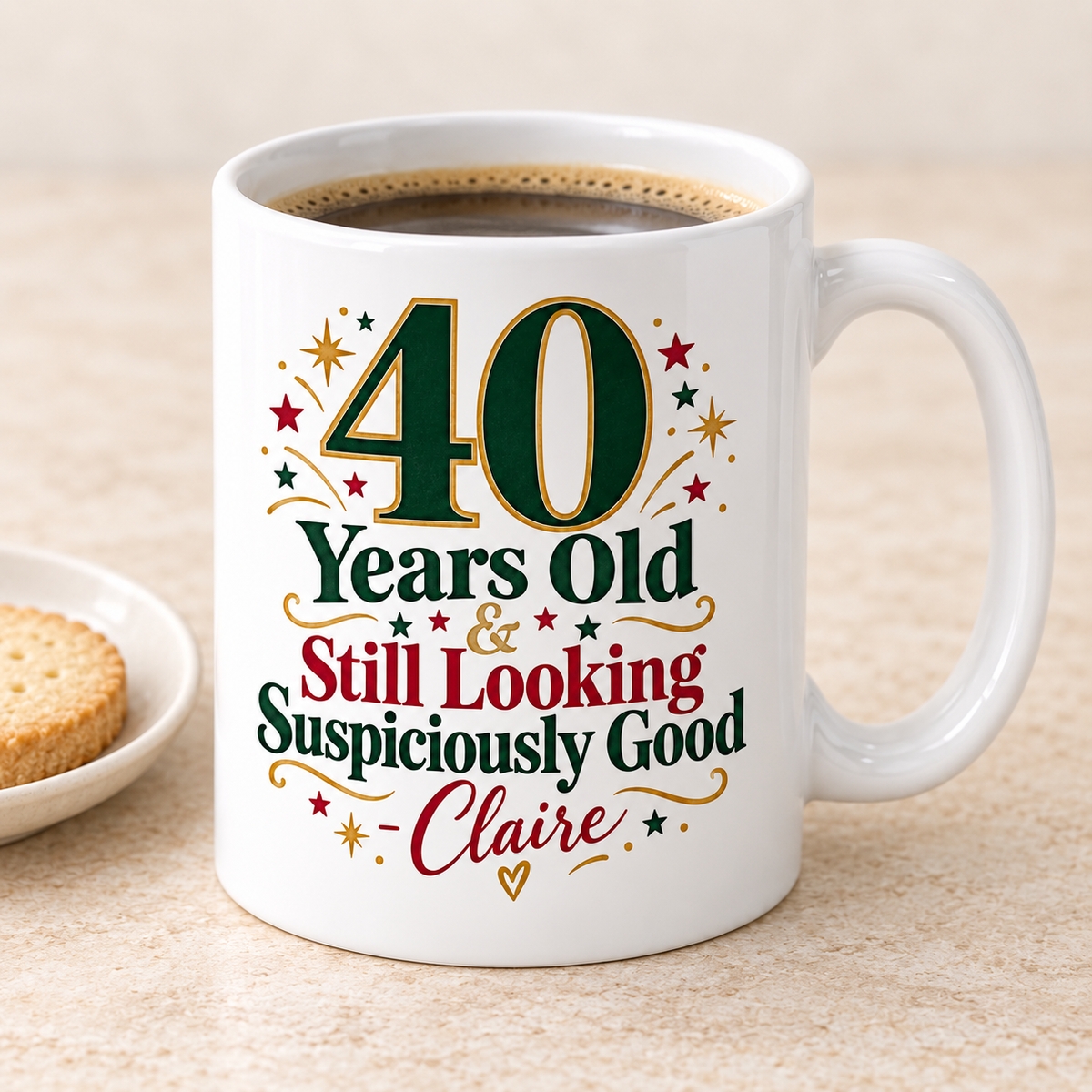 Still Looking Good white 11oz ceramic mug with sample personalisation, elevated three-quarter view