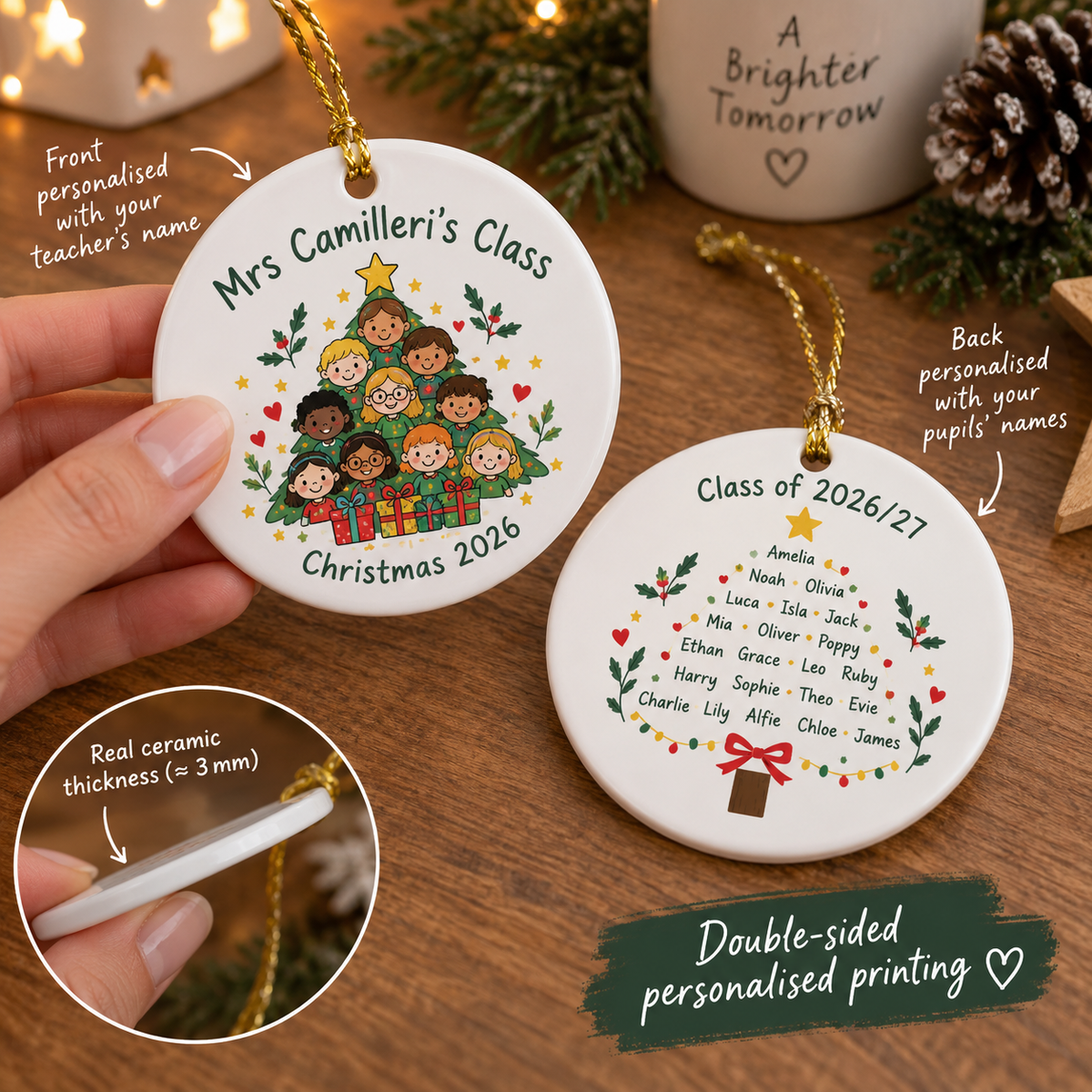 Double-sided personalised teacher Christmas ornament showing class wording and pupil names