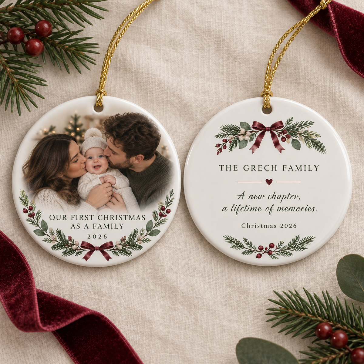 Front and back of a double-sided First Christmas as a Family ceramic ornament with photograph and message