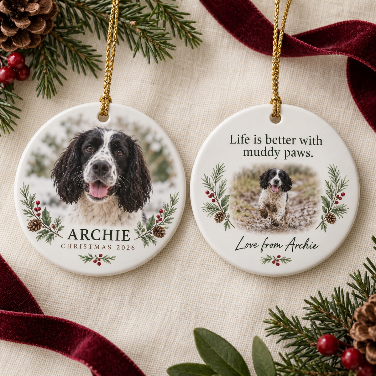 Front and back of a double-sided pet Christmas ornament with Archie's photographs and message