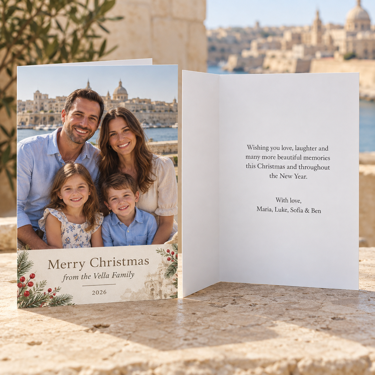 Personalised family photo Christmas card with Maltese festive details and inside message