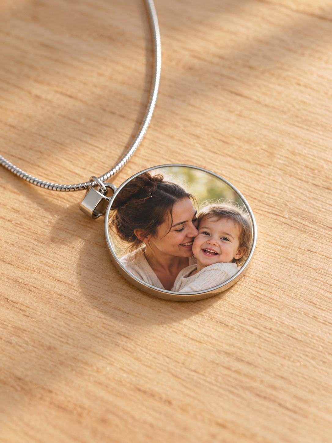 Angled close-up of family photo pendant showing raised clear resin finish