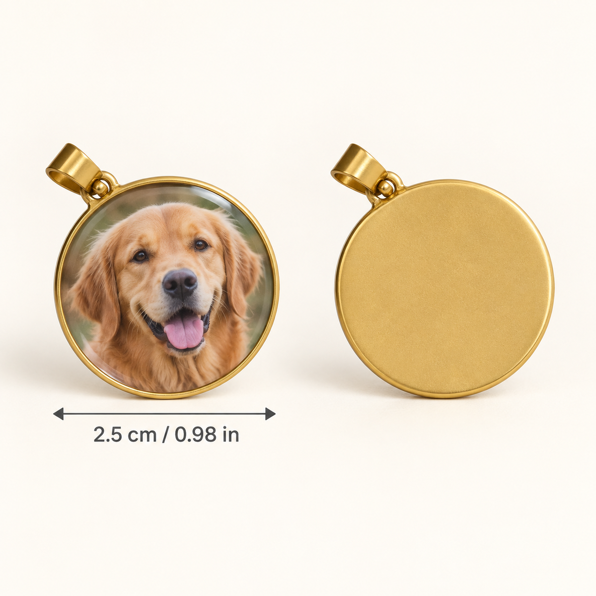 Front and back of personalised pet photo pendant showing 2.5 cm size
