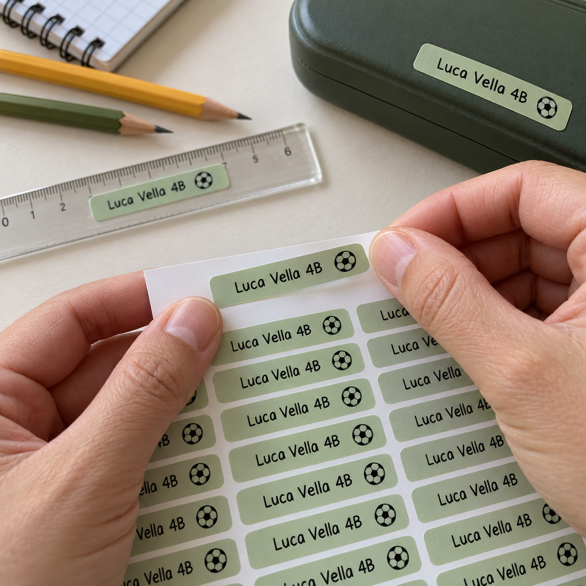 Parent peeling a personalised school name sticker from its sheet