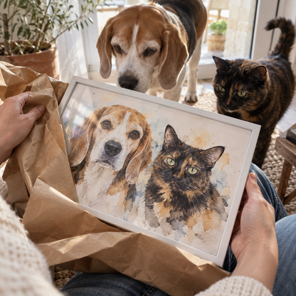 Custom Pet Watercolor Portraits Framed