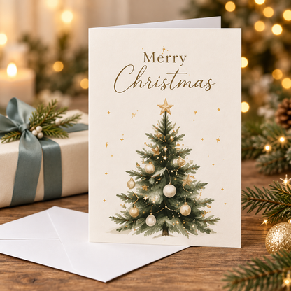 Merry Christmas Card – Classic Tree beside a wrapped gift and white envelope