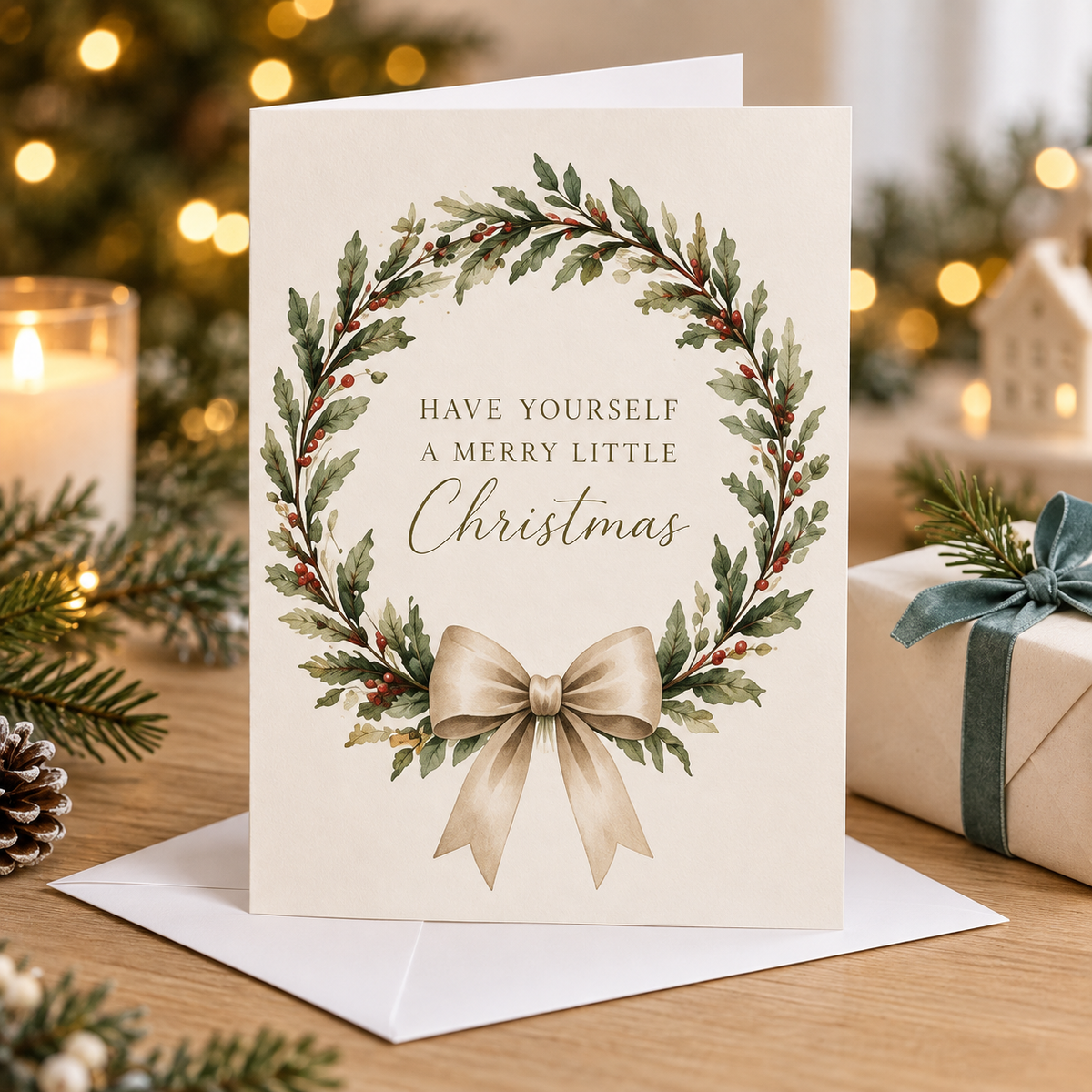 Christmas Card – Botanical Wreath beside a wrapped gift and white envelope