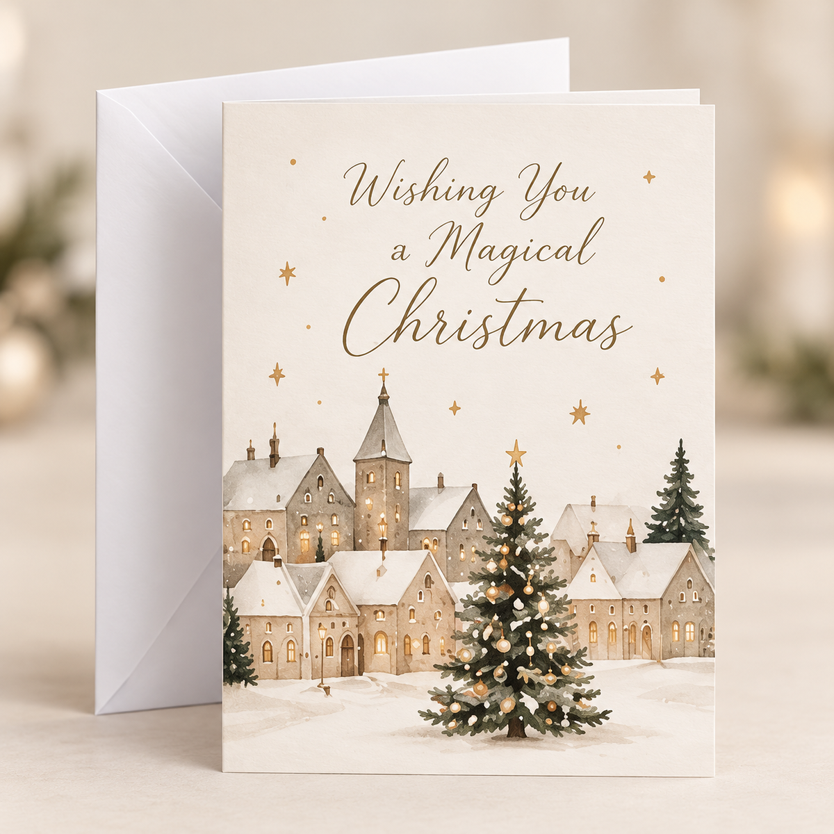 Magical Christmas Card – Festive Village, A5 folded card with white envelope