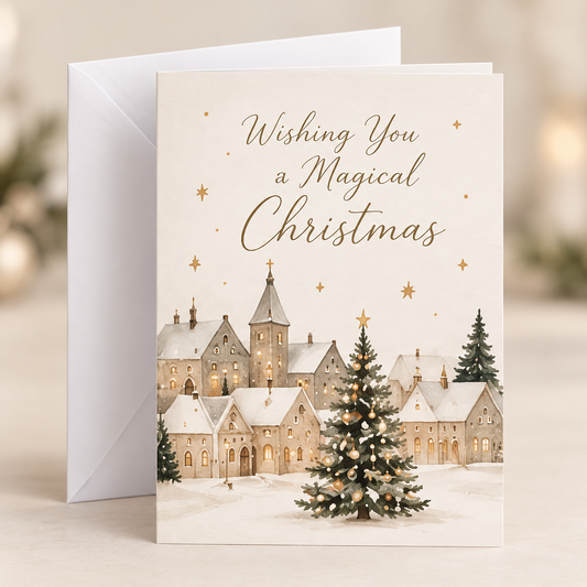 Magical Christmas Card – Festive Village, A5 folded card with white envelope