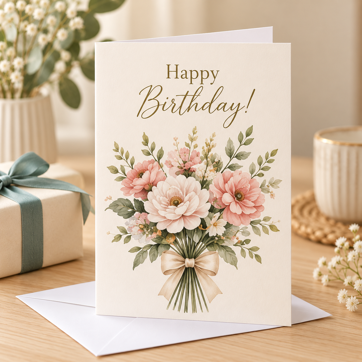 Happy Birthday Card – Floral Bouquet beside a wrapped gift and white envelope