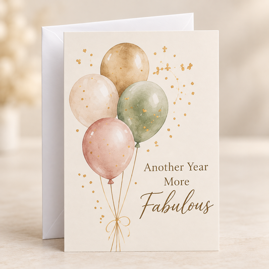 Birthday Card – Another Year More Fabulous, A5 folded card with white envelope
