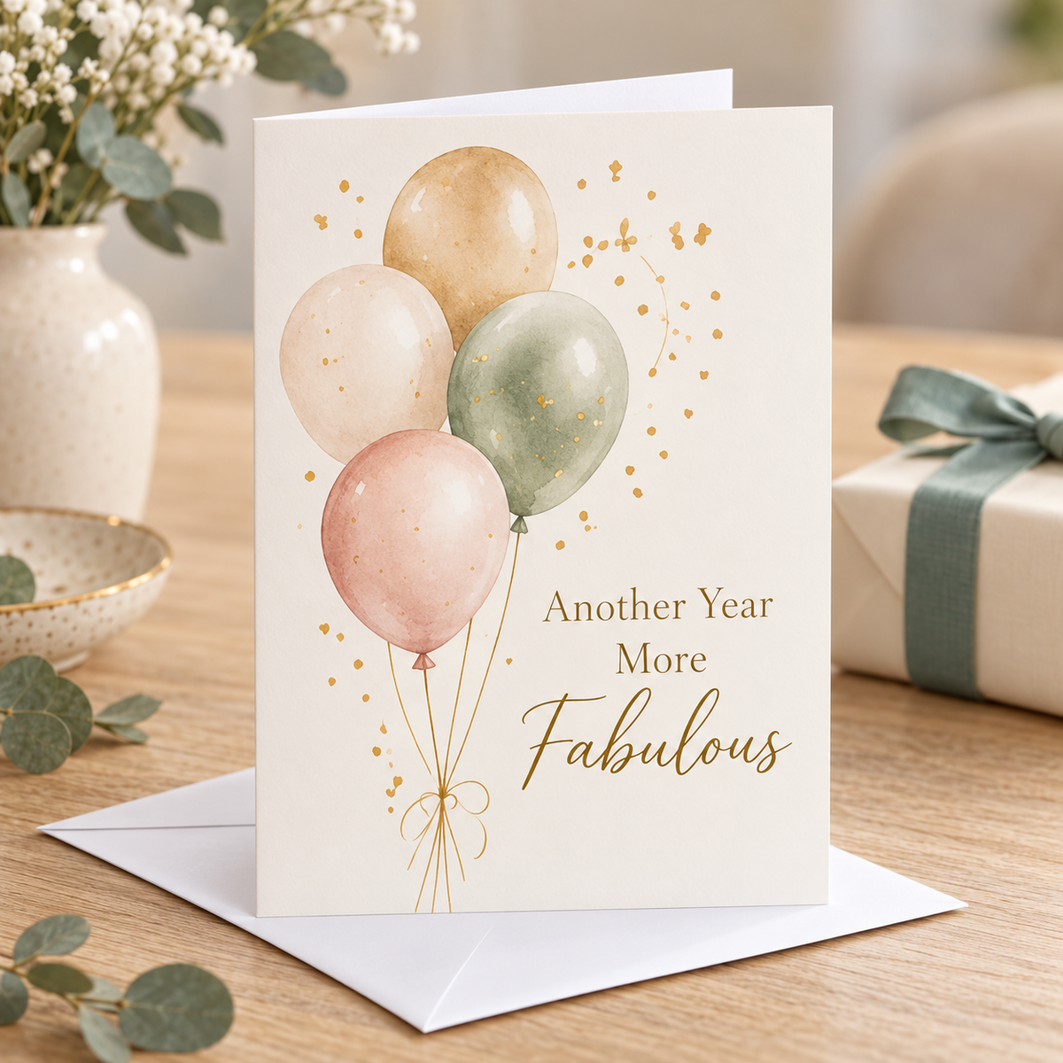 Birthday Card – Another Year More Fabulous beside a wrapped gift and white envelope