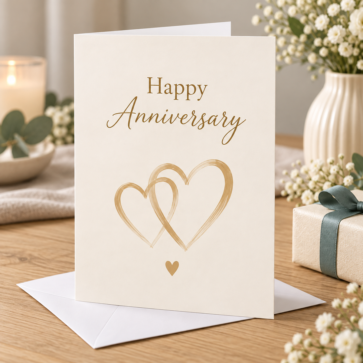 Happy Anniversary Card – Hearts beside a wrapped gift and white envelope