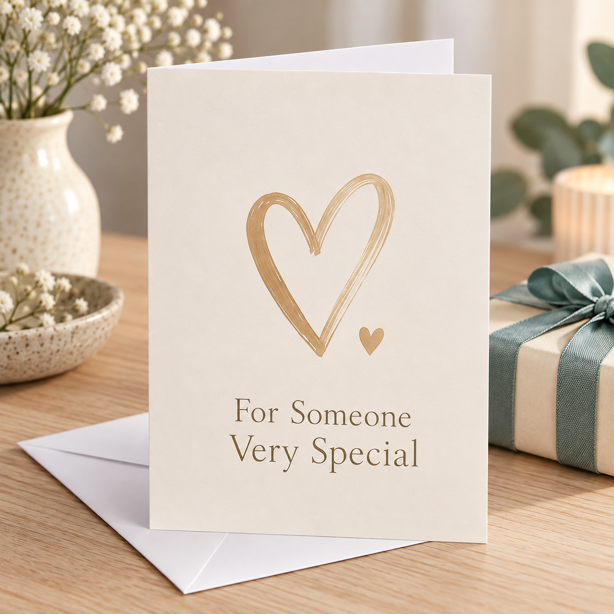 For Someone Very Special Card beside a wrapped gift and white envelope
