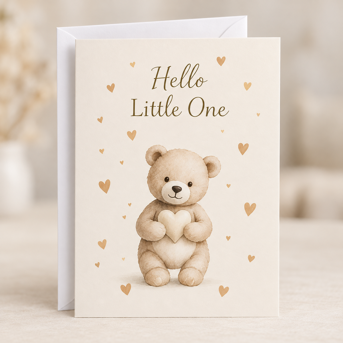 Hello Little One Card – New Baby Teddy, A5 folded card with white envelope