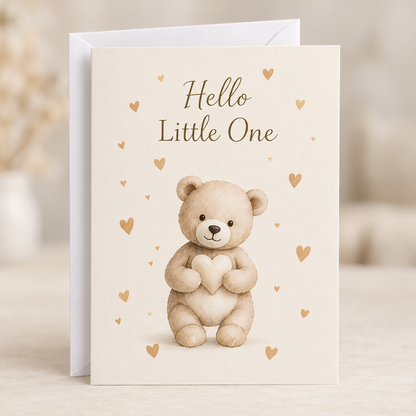 Hello Little One Card – New Baby Teddy, A5 folded card with white envelope