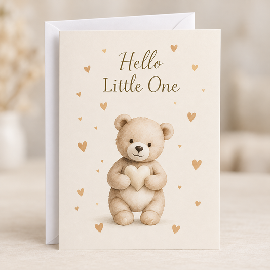 Hello Little One Card – New Baby Teddy, A5 folded card with white envelope