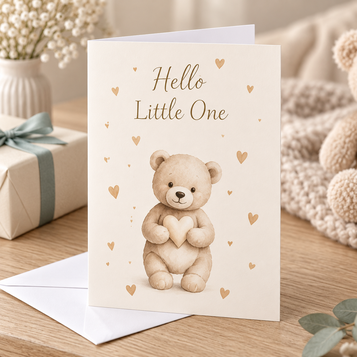 Hello Little One Card – New Baby Teddy beside a wrapped gift and white envelope