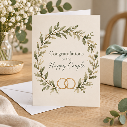 Wedding Congratulations Card – Happy Couple beside a wrapped gift and white envelope