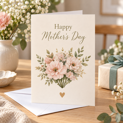 Happy Mother's Day Card – Floral beside a wrapped gift and white envelope