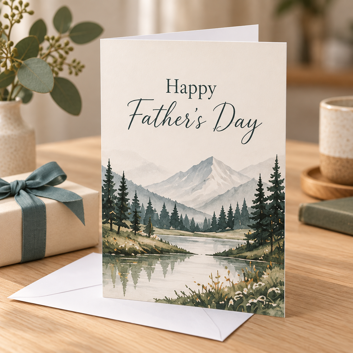 Happy Father's Day Card – Landscape beside a wrapped gift and white envelope