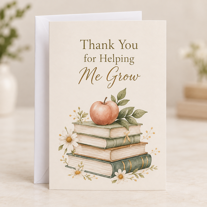 Teacher Thank You Card – Helping Me Grow, A5 folded card with white envelope