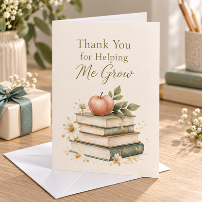 Teacher Thank You Card – Helping Me Grow beside a wrapped gift and white envelope