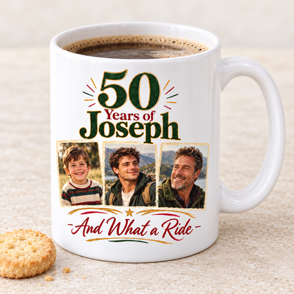 Personalised Photo Through the Years Mug, angled view with coffee
