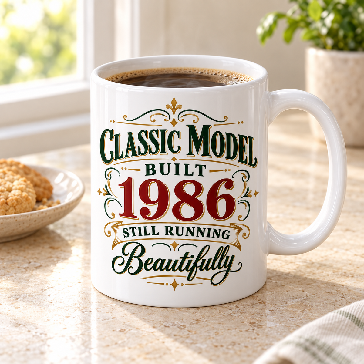 Personalised Classic Model Mug, angled view with coffee