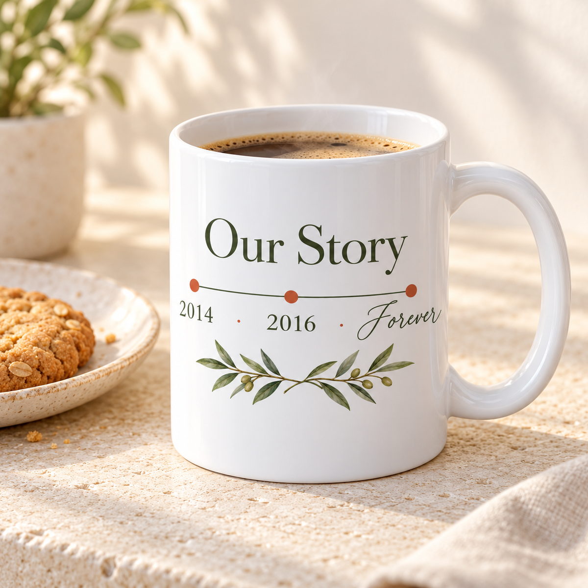 Personalised Love Timeline Mug, angled view with coffee