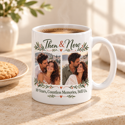 Personalised Then & Now Photo Mug, angled view with coffee