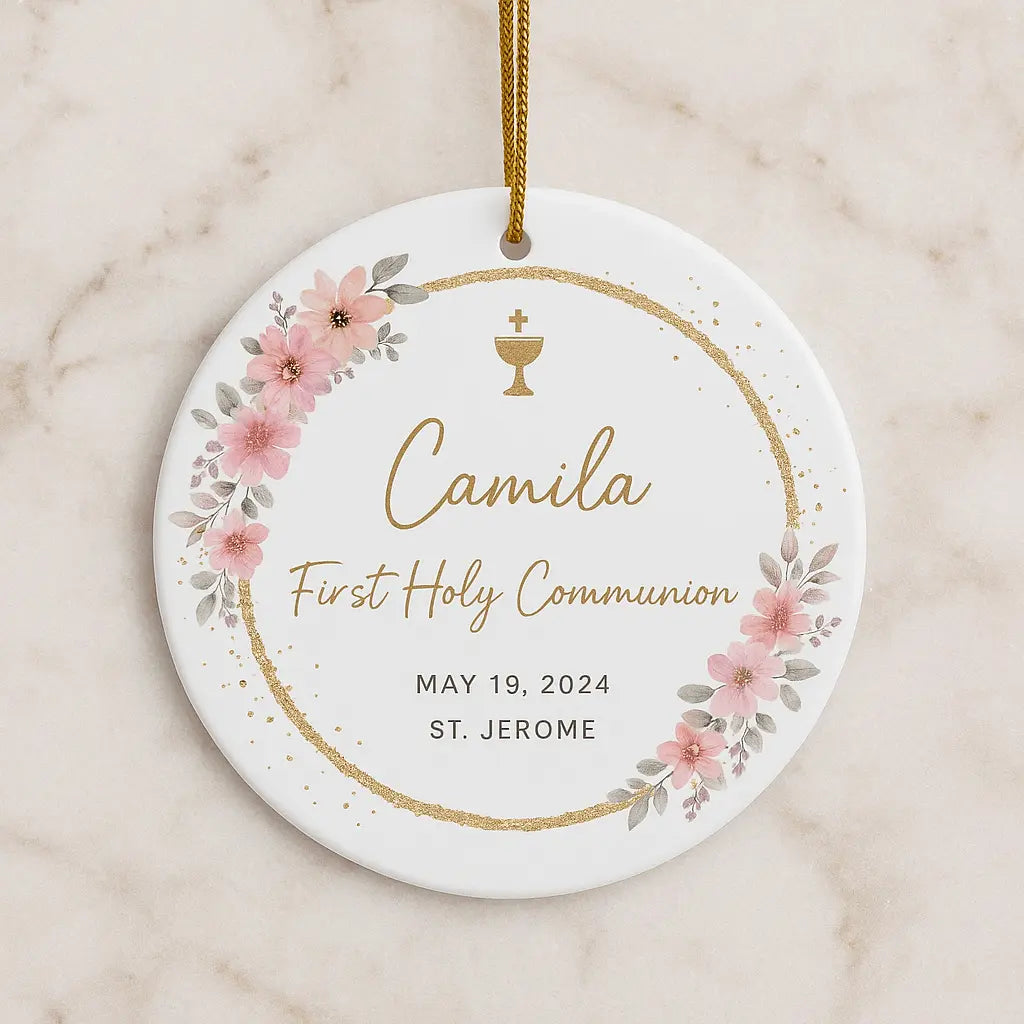 Personalised First Holy Communion ceramic ornament with pink floral design, gold text and date.