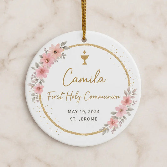 Personalised First Holy Communion ceramic ornament with pink floral design, gold text and date.