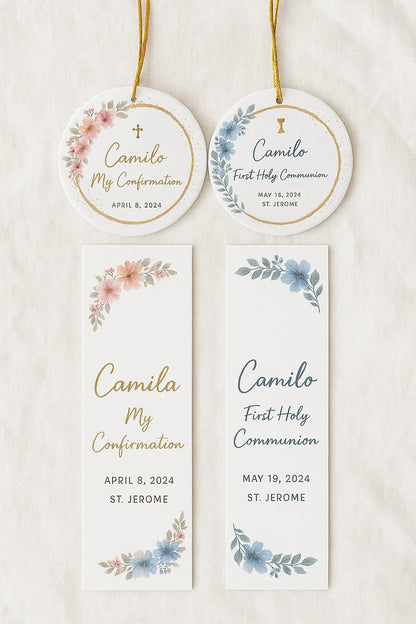 Personalized confirmation and communion ornaments and bookmarks with floral designs