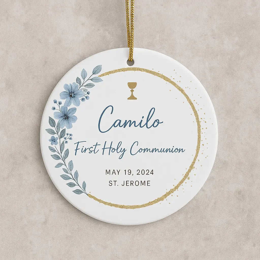 Personalized round First Holy Communion ornament with blue floral design, gold accents, and custom name.