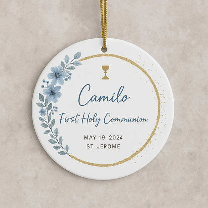 Personalized round First Holy Communion ornament with blue floral design, gold accents, and custom name.