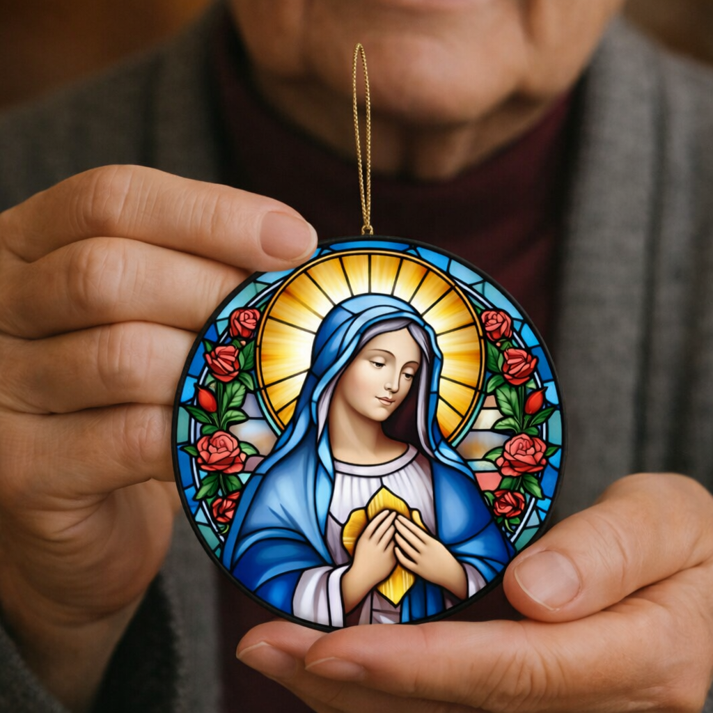 Person holding round stained glass ornament with Virgin Mary and roses, religious gift