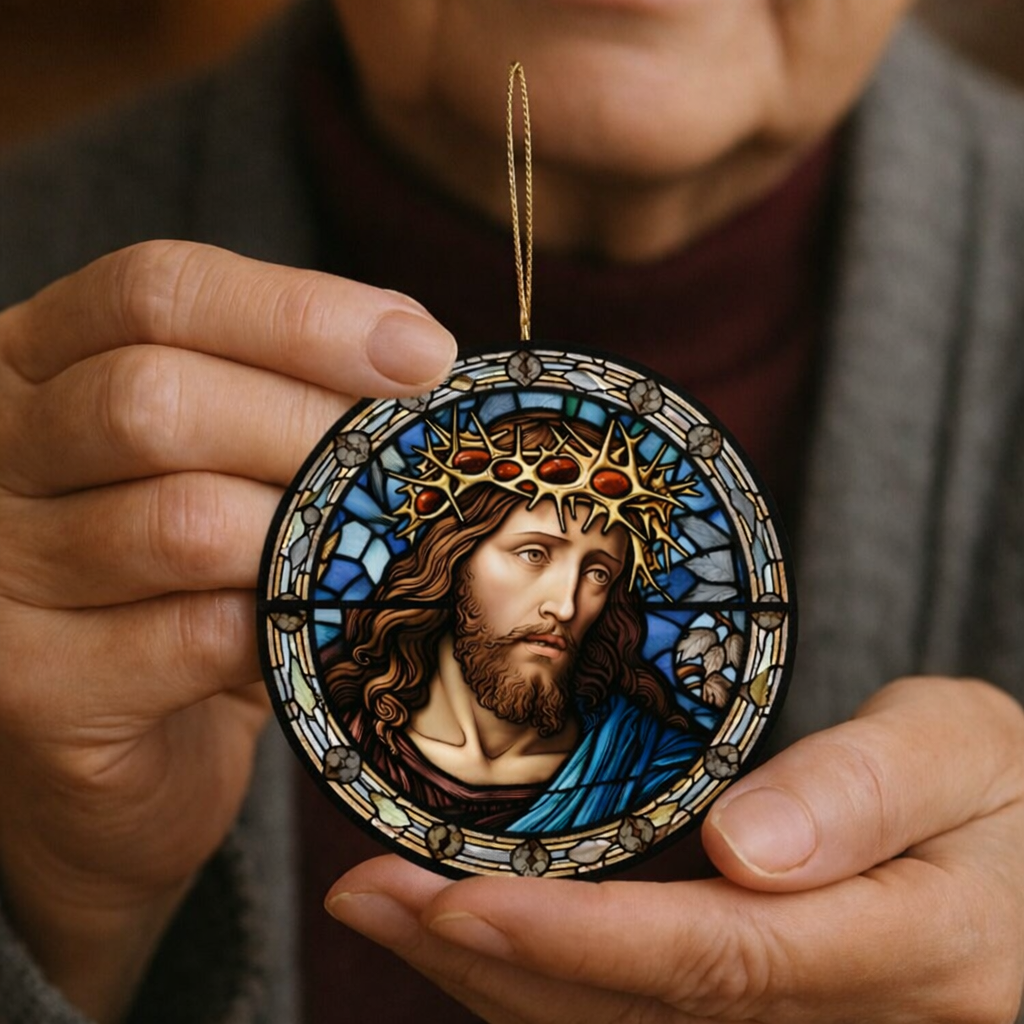 Hand holding round stained glass Jesus ornament with crown of thorns, blue background