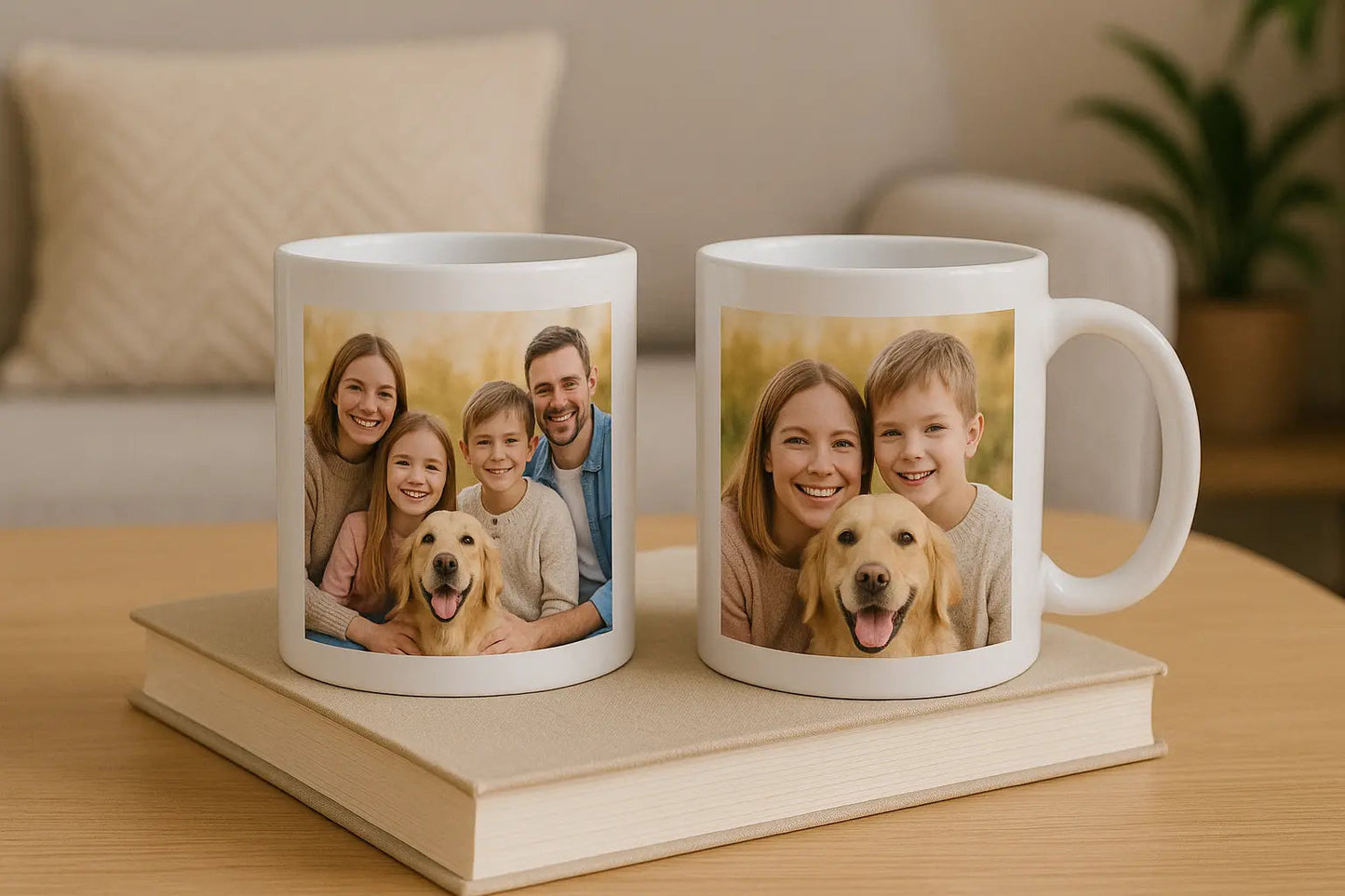 Personalized photo mugs with a family and dog portrait on a table in a cozy home setting
