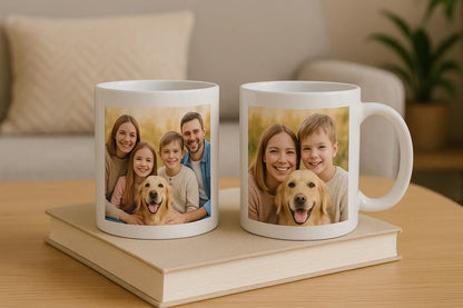 Personalized photo mugs with a family and dog portrait on a table in a cozy home setting