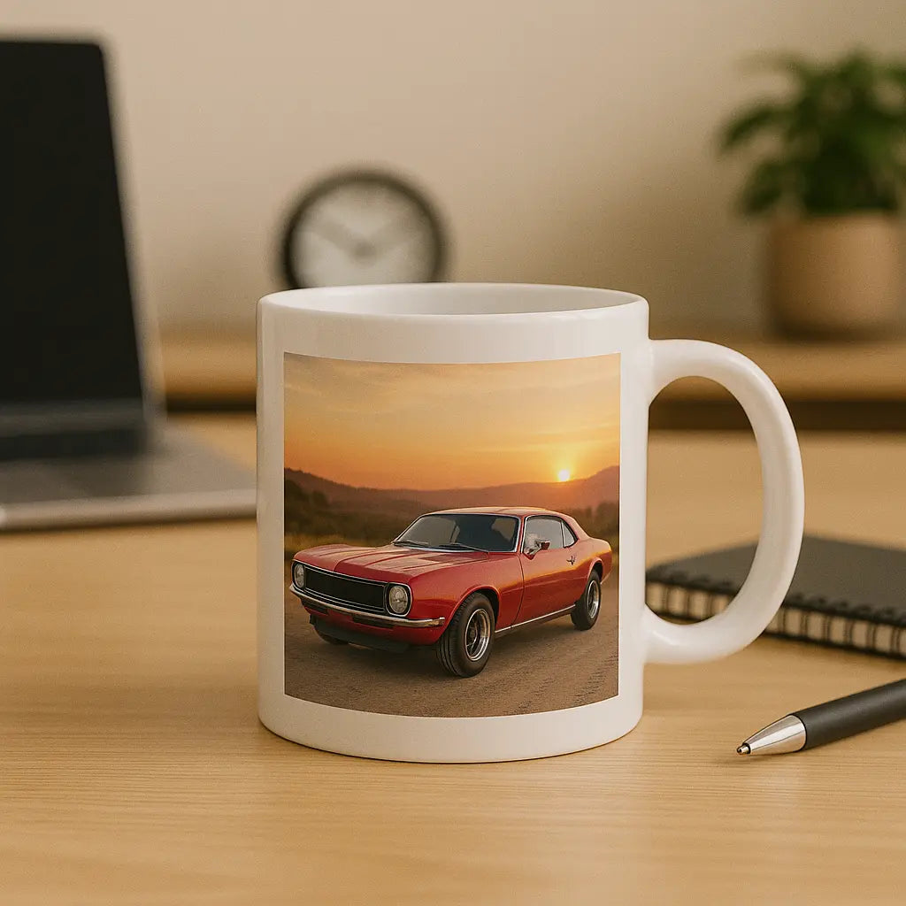 White mug with custom red classic car print, placed on office desk with pen and notebook