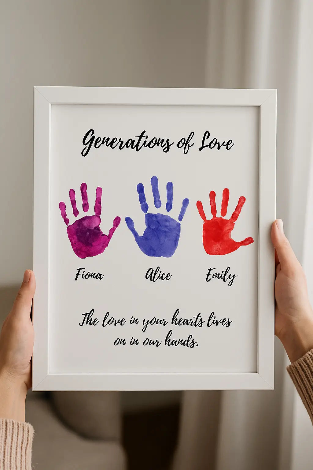 Framed personalized handprint art with three colorful handprints and names, 'Generations of Love' text.