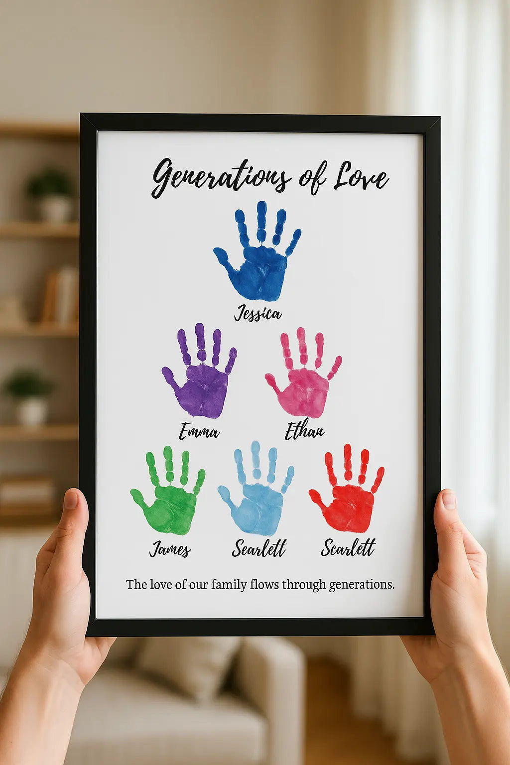 Framed family handprint art with colorful prints and names, titled Generations of Love.